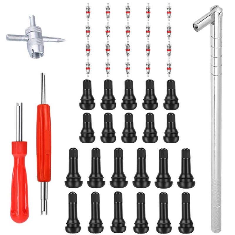 Riseuvo Stem Puller and Installer - 10pcs TR412, 6pcs TR413, 6pcs TR414 Short Rubber Tire Valve Stems, 4 Way and Single Head Valve Core Remover Tool - Image 1